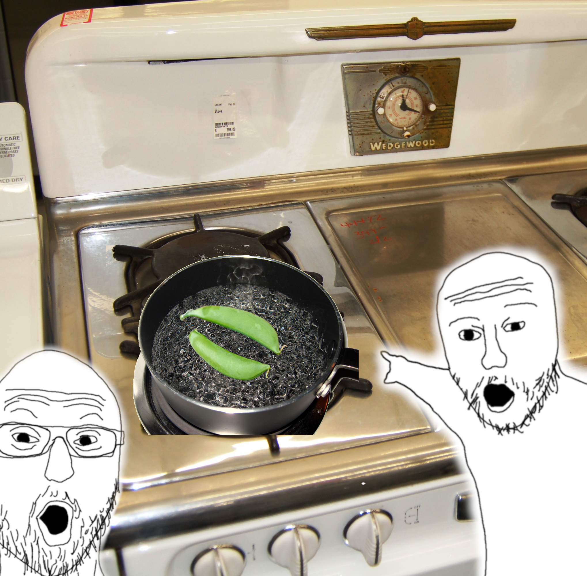 An edited image showing a vintage kitchen with a boiling pot of water on a gas stove. Inside the pot are two unshelled pea pods. Two wojaks are pointing at the peas, fascinated.