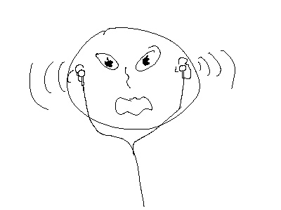 A poorly drawn portrait of a young person wearing Earphones. Starting outside their ears are sound waves emitted, indicating very loud music. The person has a shape resembling the apple logo in their eyes.